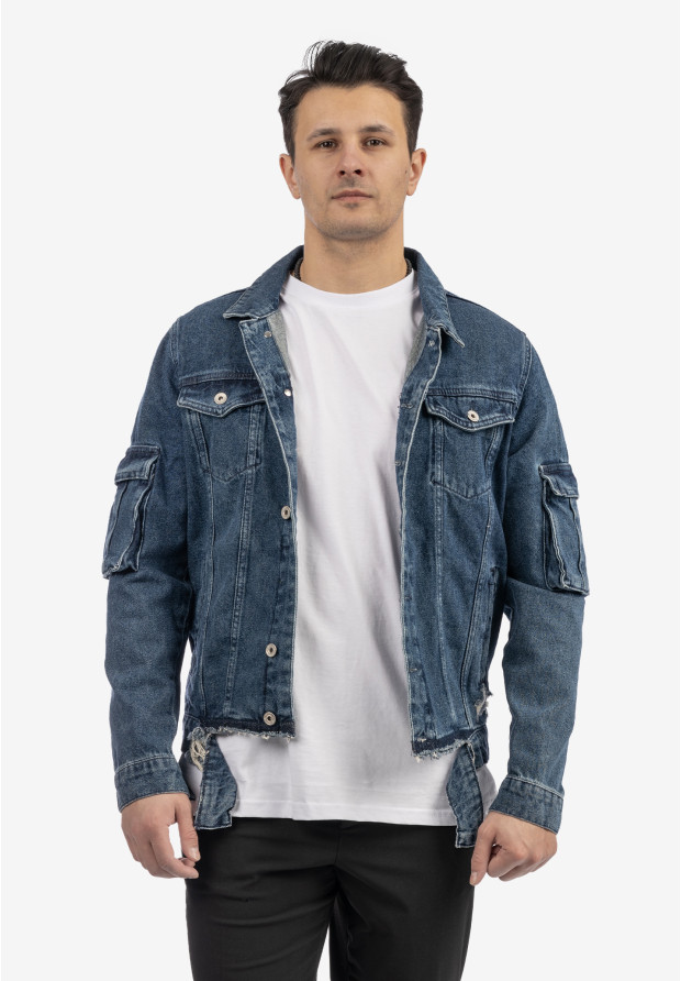 Katana Jeansowa Męska Kurtka Z Przetarciami Bawełna Casual Denim