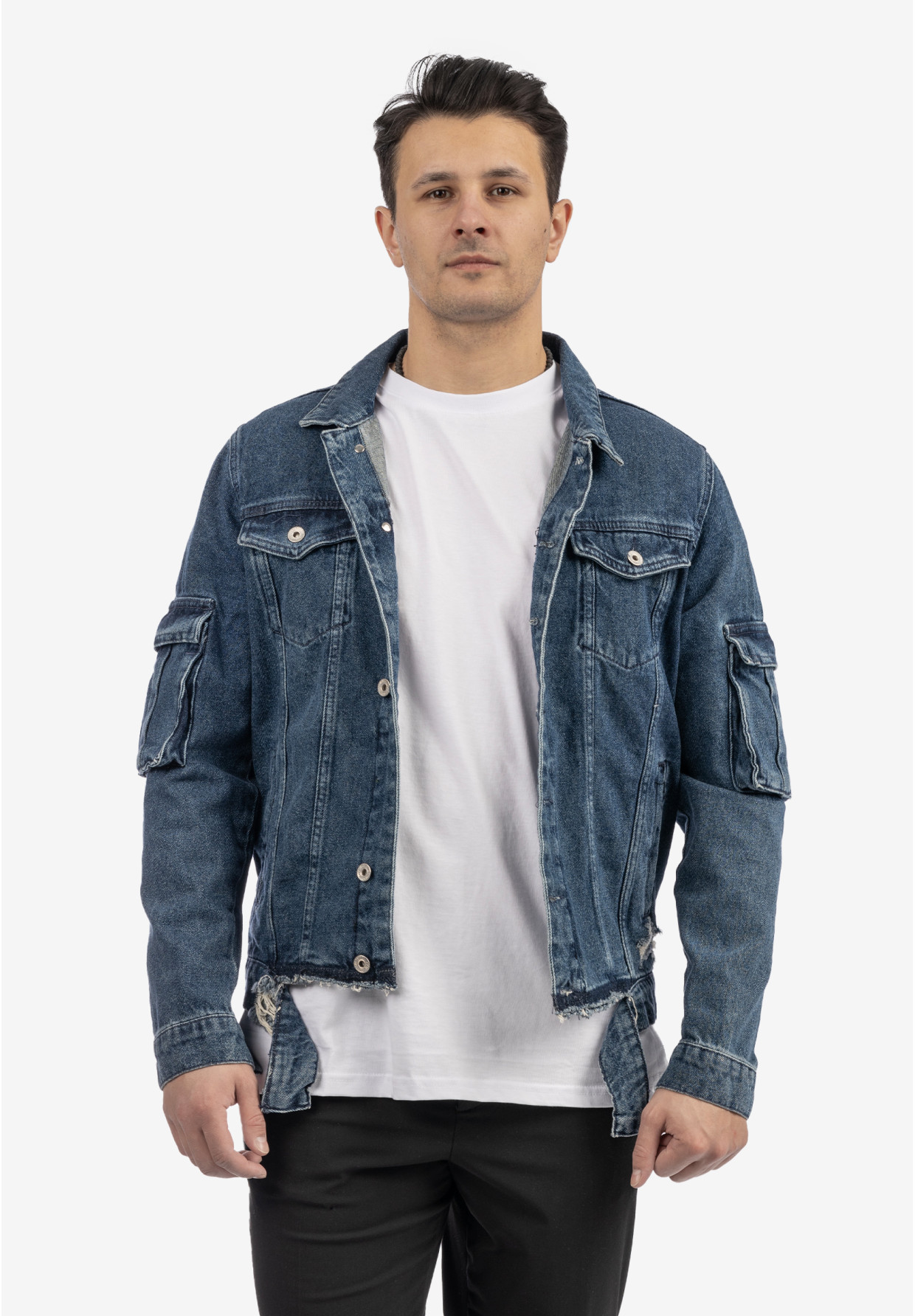 Katana Jeansowa Męska Kurtka Z Przetarciami Bawełna Casual Denim
