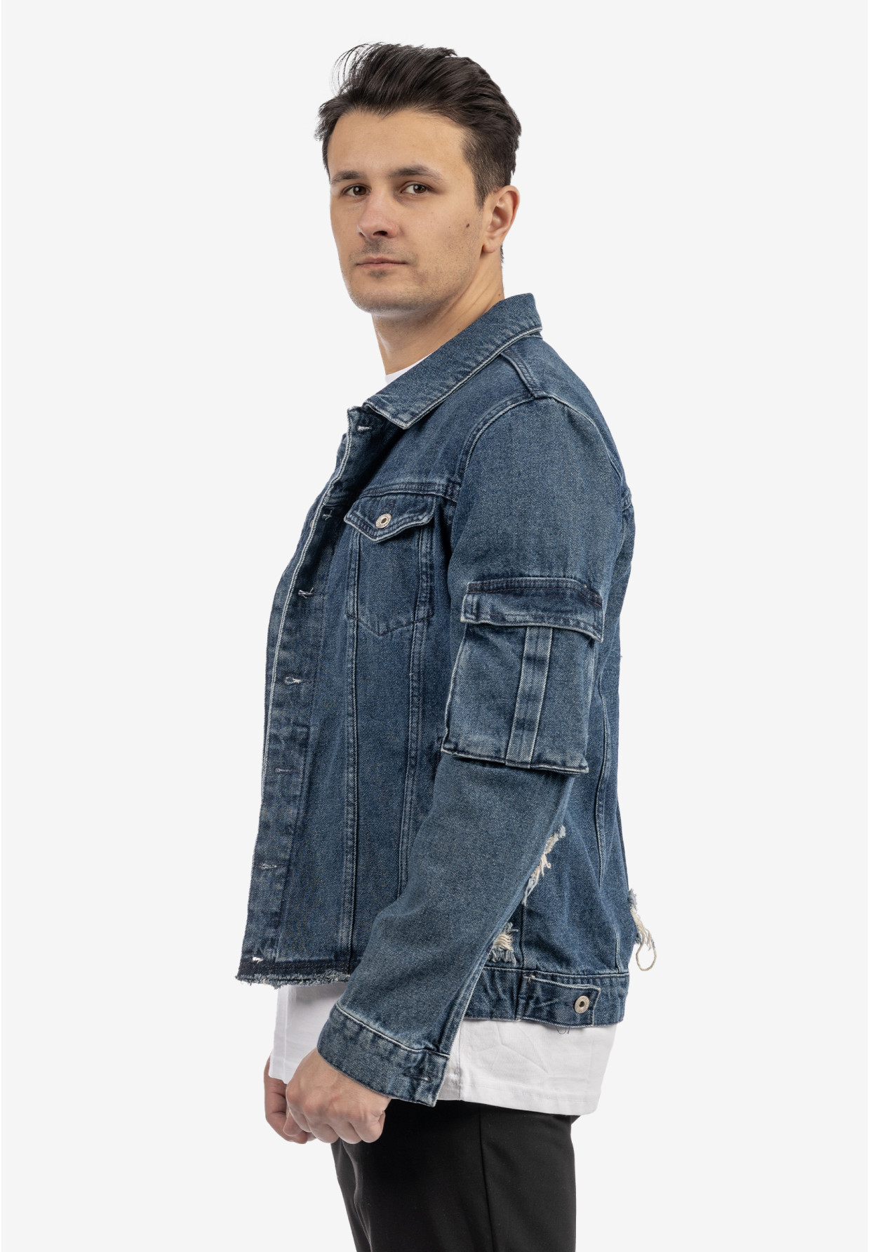 Katana Jeansowa Męska Kurtka Z Przetarciami Bawełna Casual Denim