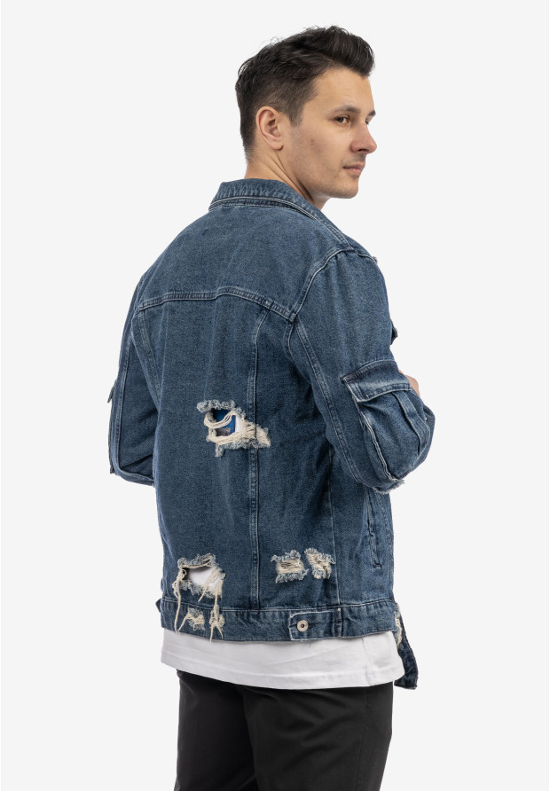 Katana Jeansowa Męska Kurtka Z Przetarciami Bawełna Casual Denim