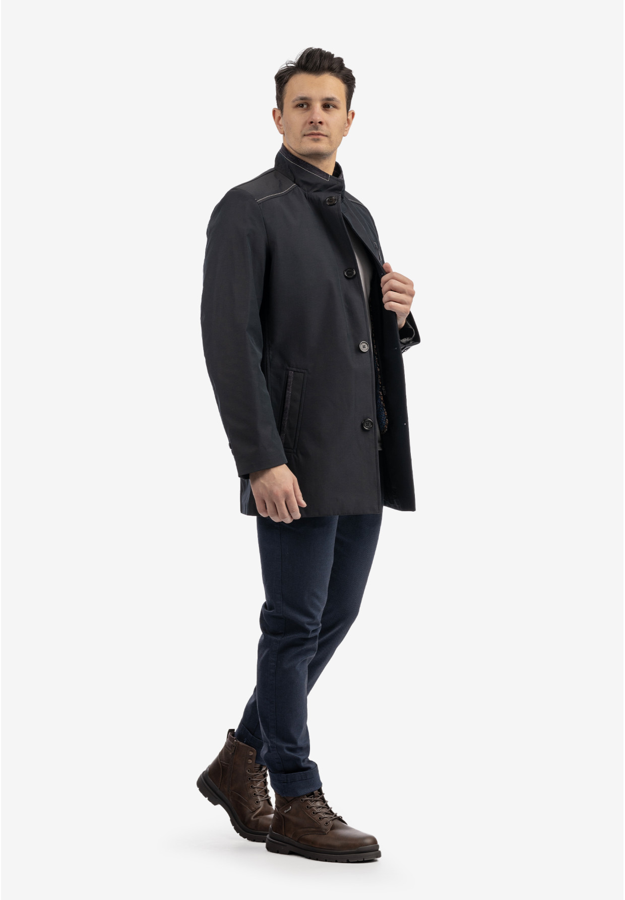 Kurtka Męska Przejściowa Płaszcz ze stójką Elegancki Casual Granatowy