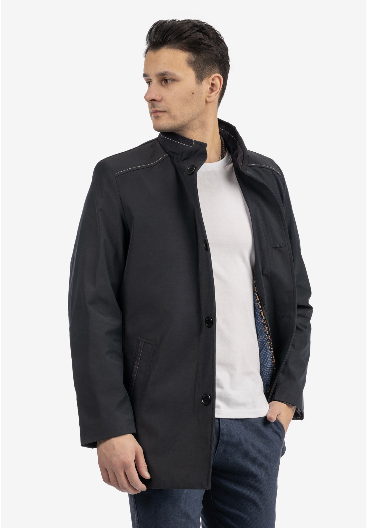 Kurtka Męska Przejściowa Płaszcz ze stójką Elegancki Casual Granatowy