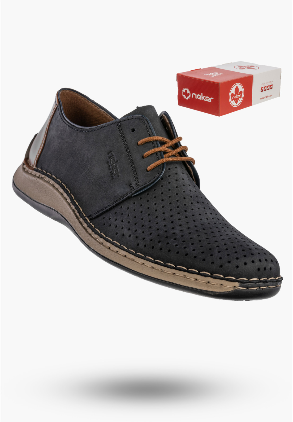 Buty Męskie RIEKER Półbuty Skórzane Casual Ażurowe Granatowe 05226-14