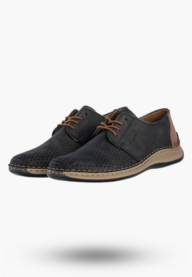 Buty Męskie RIEKER Półbuty Skórzane Casual Ażurowe Granatowe 05226-14