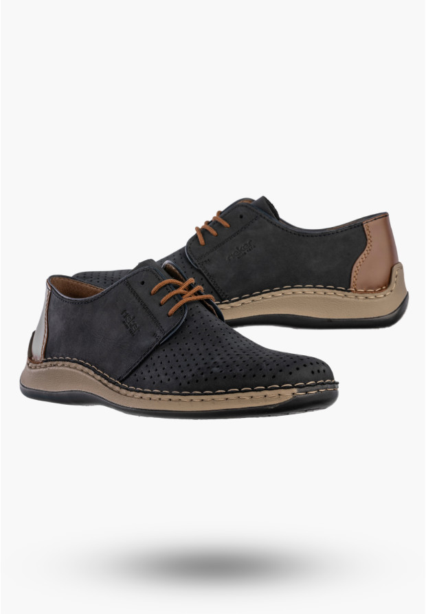 Buty Męskie RIEKER Półbuty Skórzane Casual Ażurowe Granatowe 05226-14