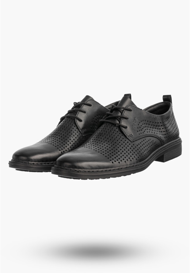 Buty Męskie RIEKER Półbuty Skórzane Eleganckie Wizytowe Czarne 17626-00