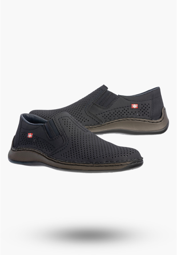 Buty Męskie RIEKER Półbuty Skórzane Mokasyny Wsuwane Granatowe 05297-14