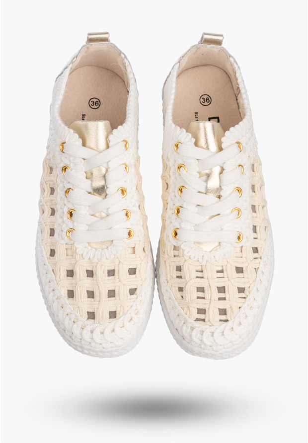 Sneakersy Damskie Buty Skórzane Półbuty Trampki Plecione Białe D&A