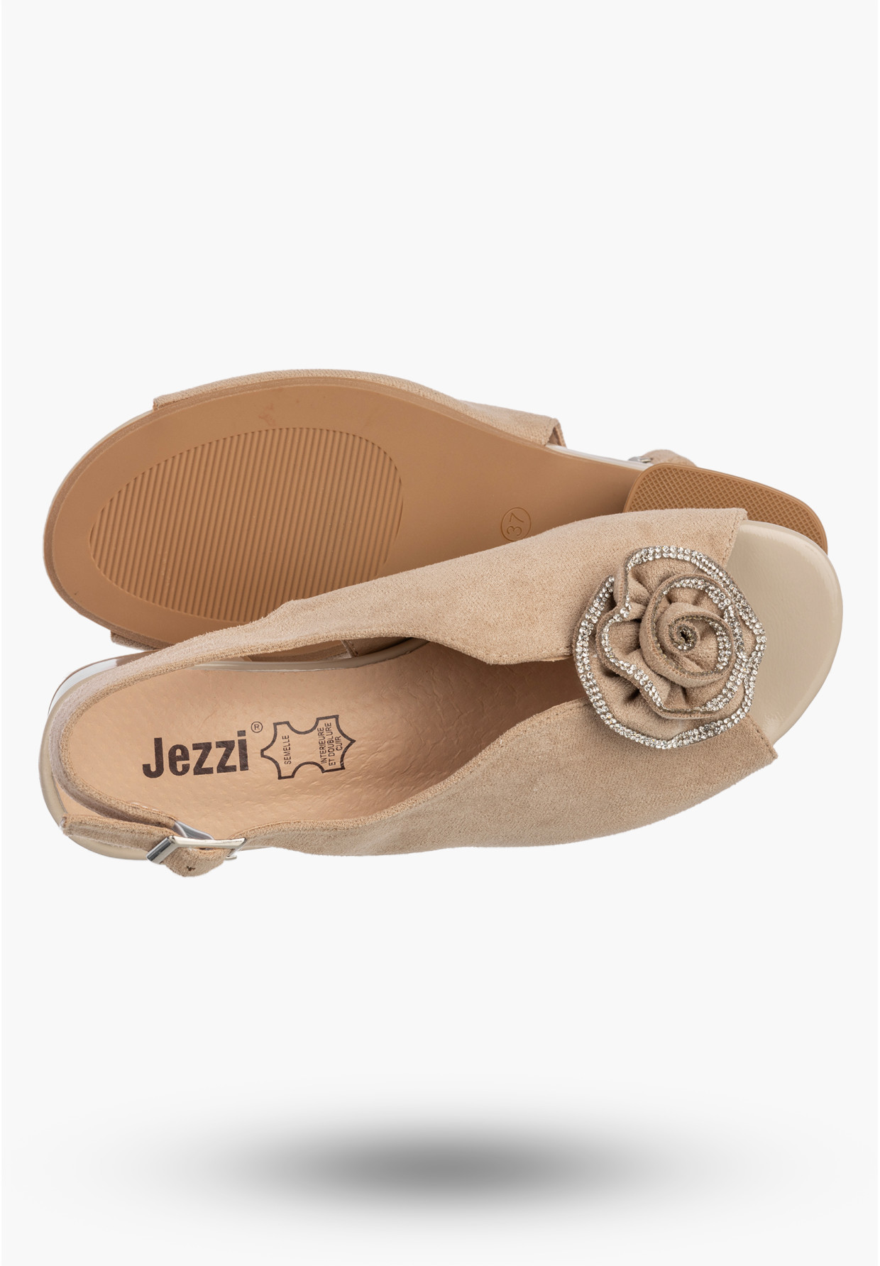 Sandały Damskie Buty Z Kwiatkiem Na Klocku Skórzana Wkładka Beżowe Jezzi ASA214-8