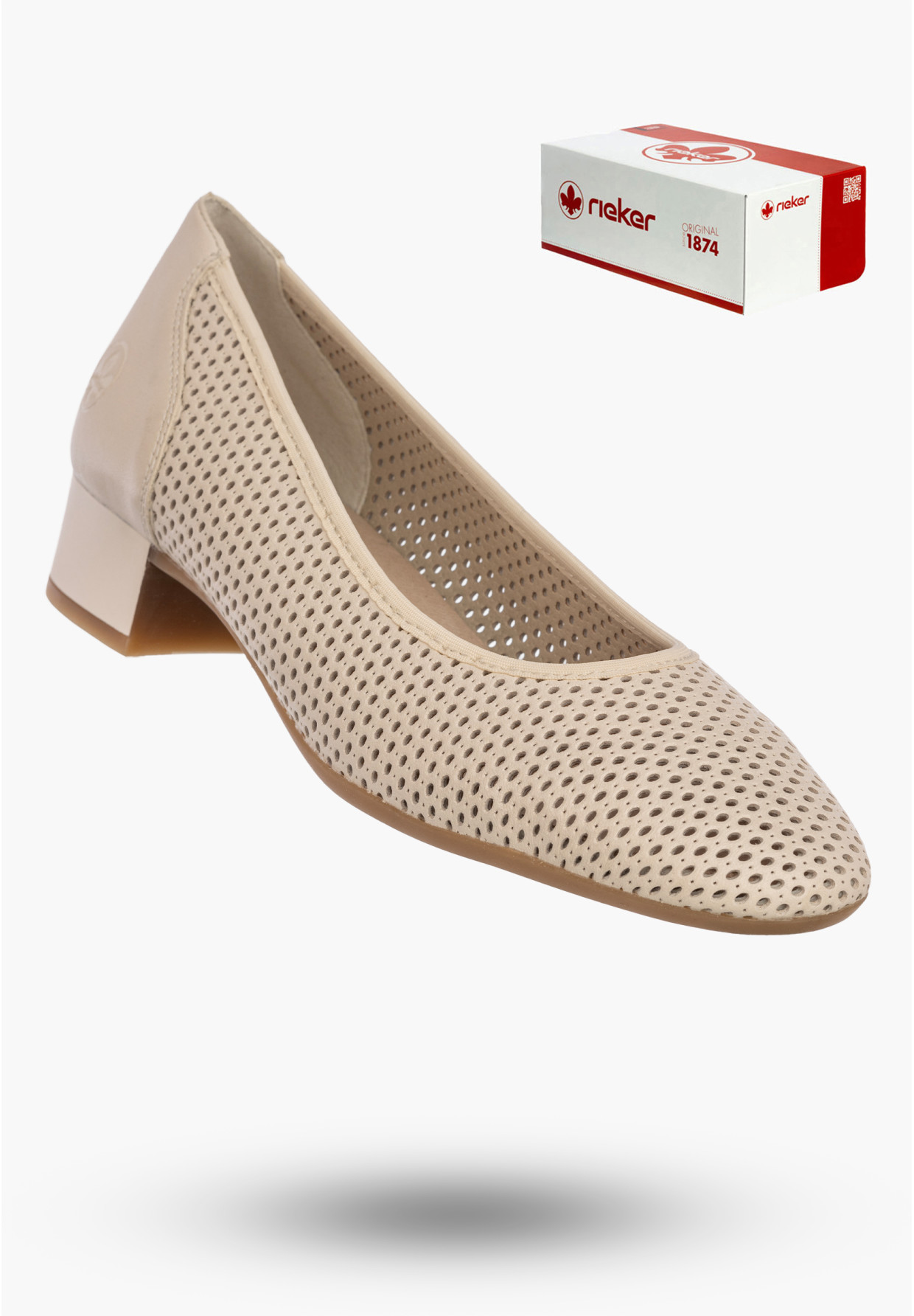 Czółenka Damskie RIEKER Buty Skórzane Ażurowe Na Klocku Beżowe 43459-60