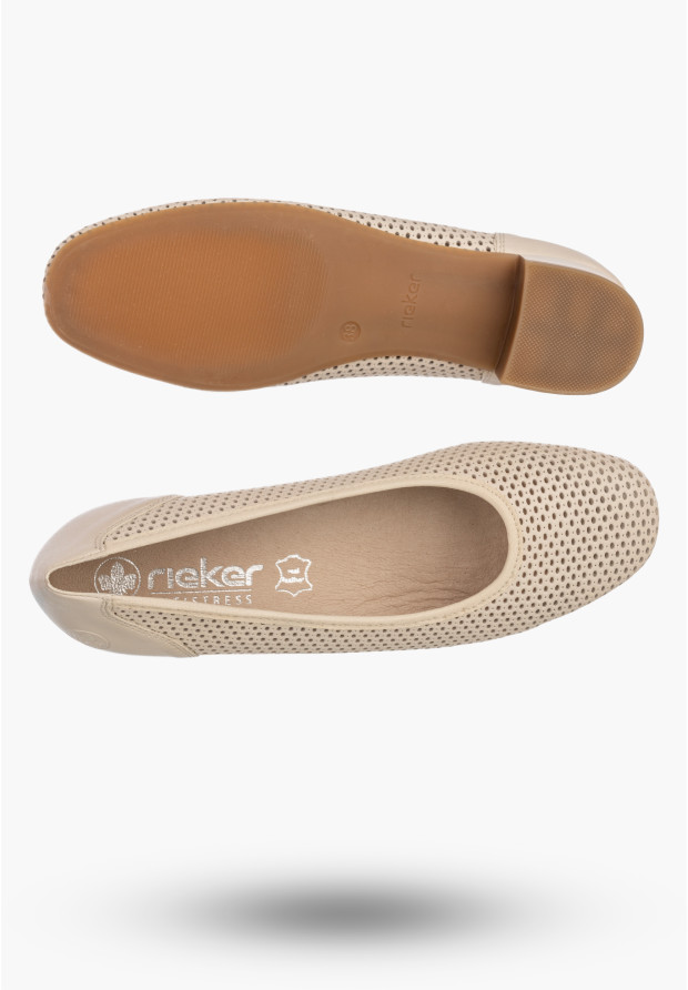 Czółenka Damskie RIEKER Buty Skórzane Ażurowe Na Klocku Beżowe 43459-60