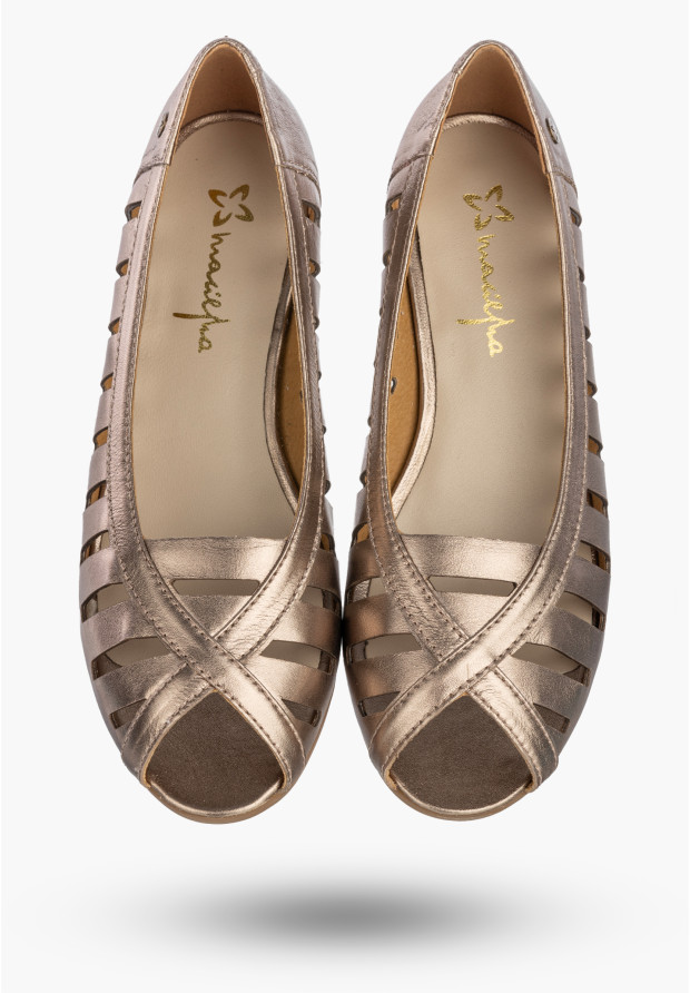 Baleriny Damskie Skórzane Buty Ażurowe Półbuty Złote Maciejka P7540-25/00-1
