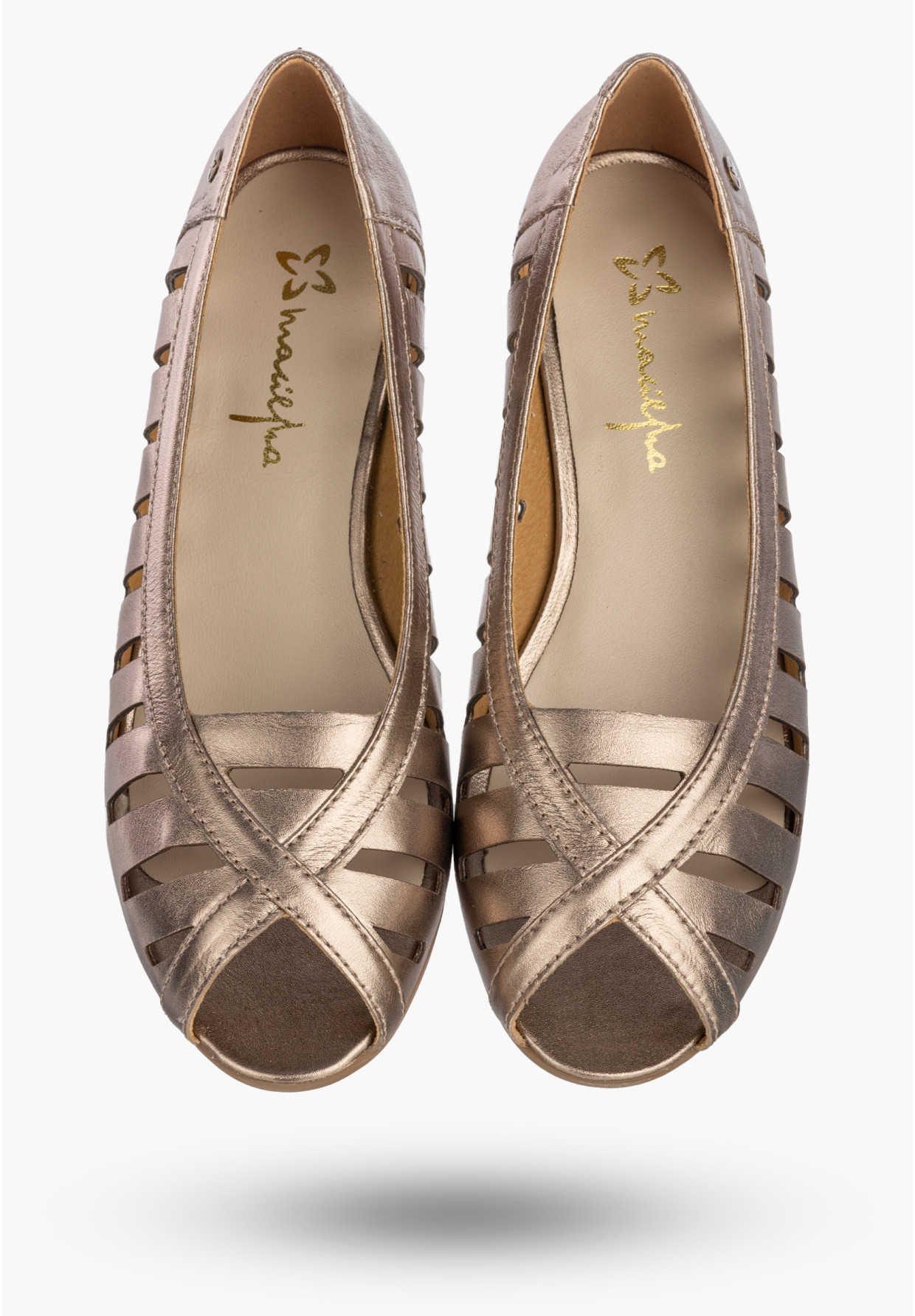 Baleriny Damskie Skórzane Buty Ażurowe Półbuty Złote Maciejka P7540-25/00-1