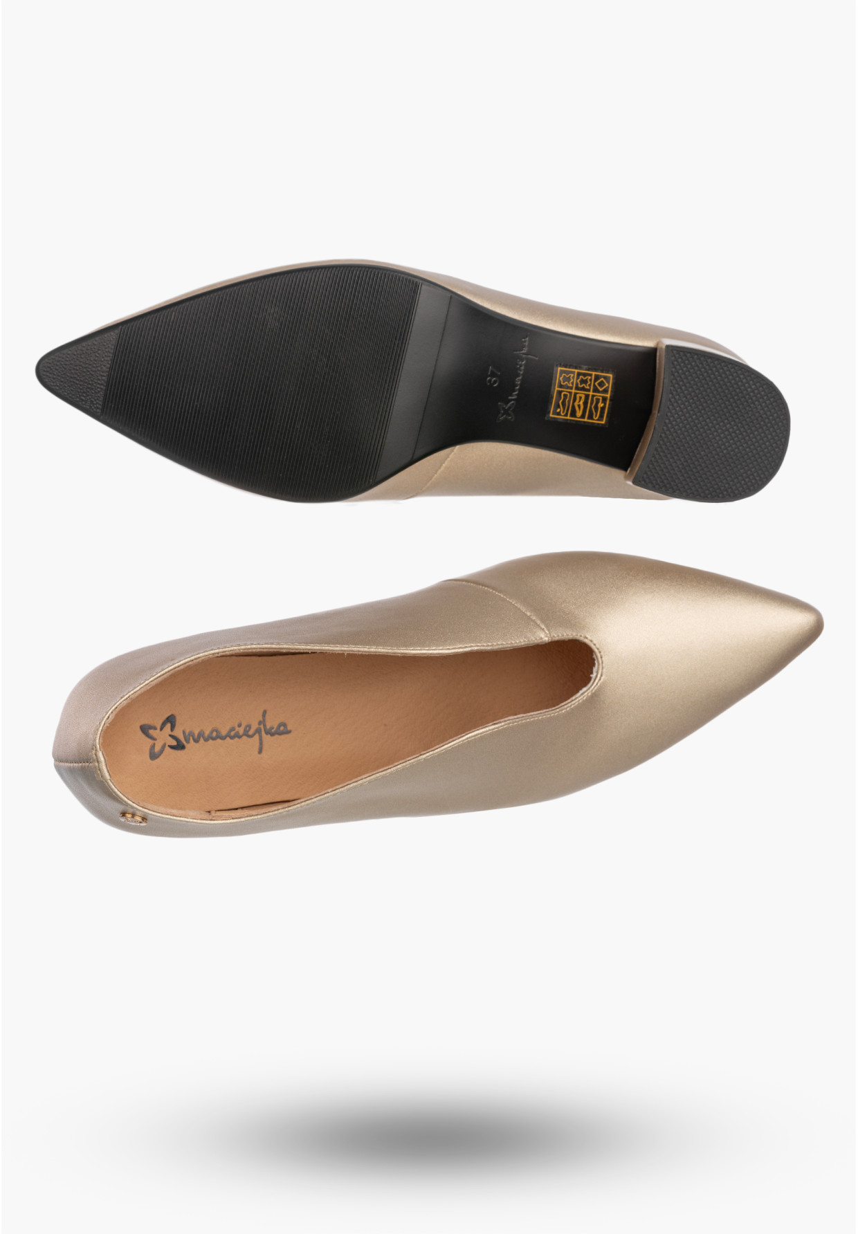 Czółenka Damskie Skórzane Buty Na Słupku Eleganckie Złote Maciejka K7469-26/00-1