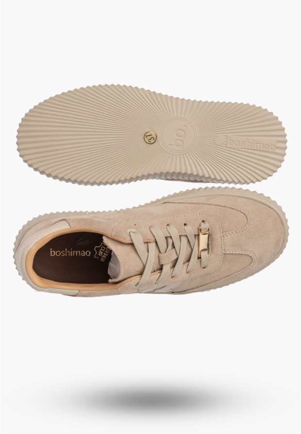 Sneakersy Damskie Skórzane Buty Sportowe Na Platformie Zamszowe Beżowe