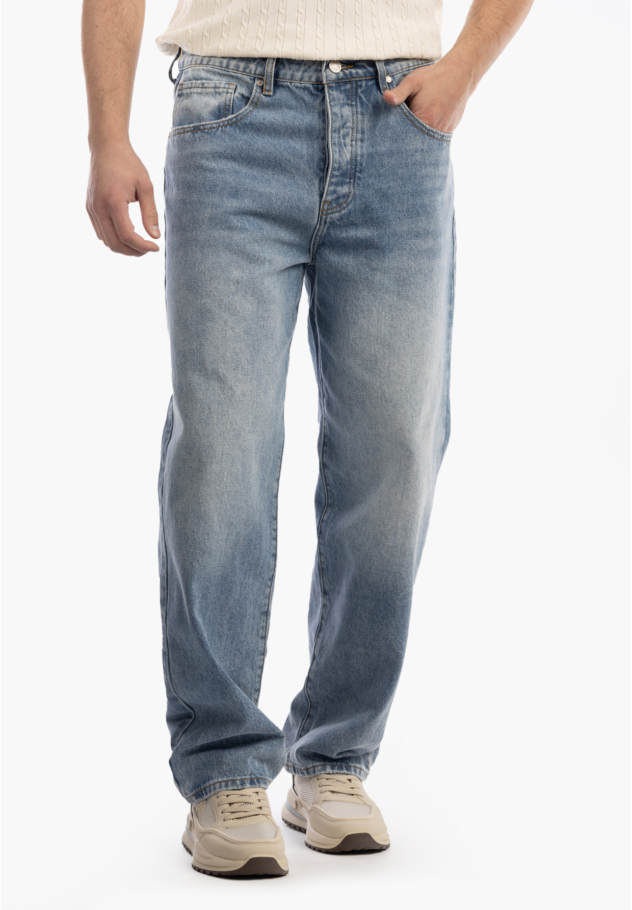 Jeansy Męskie Jeansowe Proste Luźne Straight Spodnie Ciemny Denim
