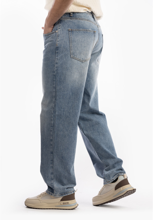 Jeansy Męskie Jeansowe Proste Luźne Straight Spodnie Ciemny Denim
