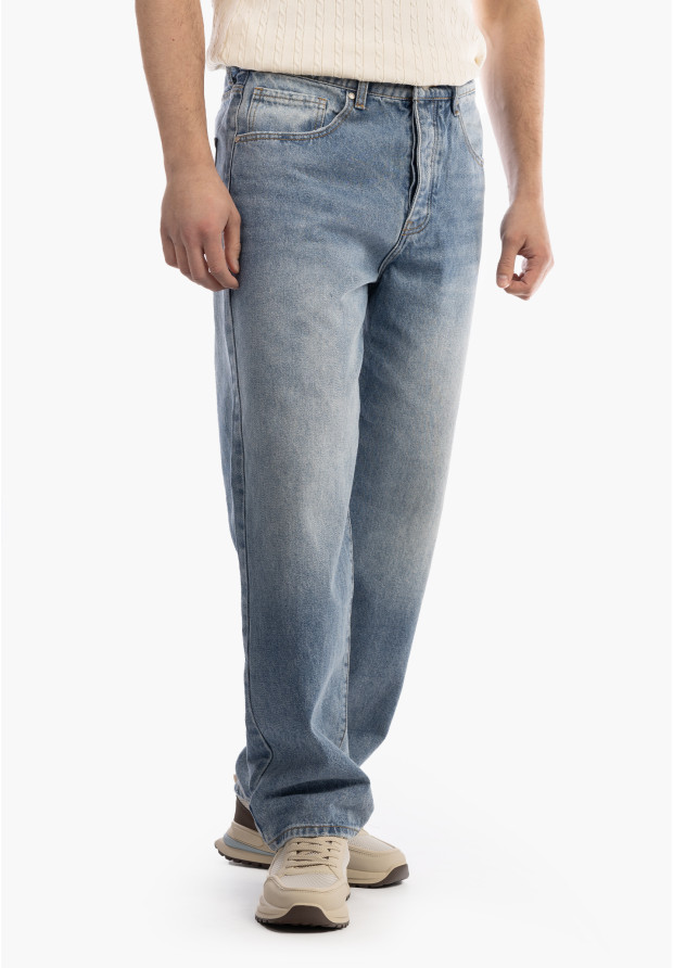 Jeansy Męskie Jeansowe Proste Luźne Straight Spodnie Ciemny Denim