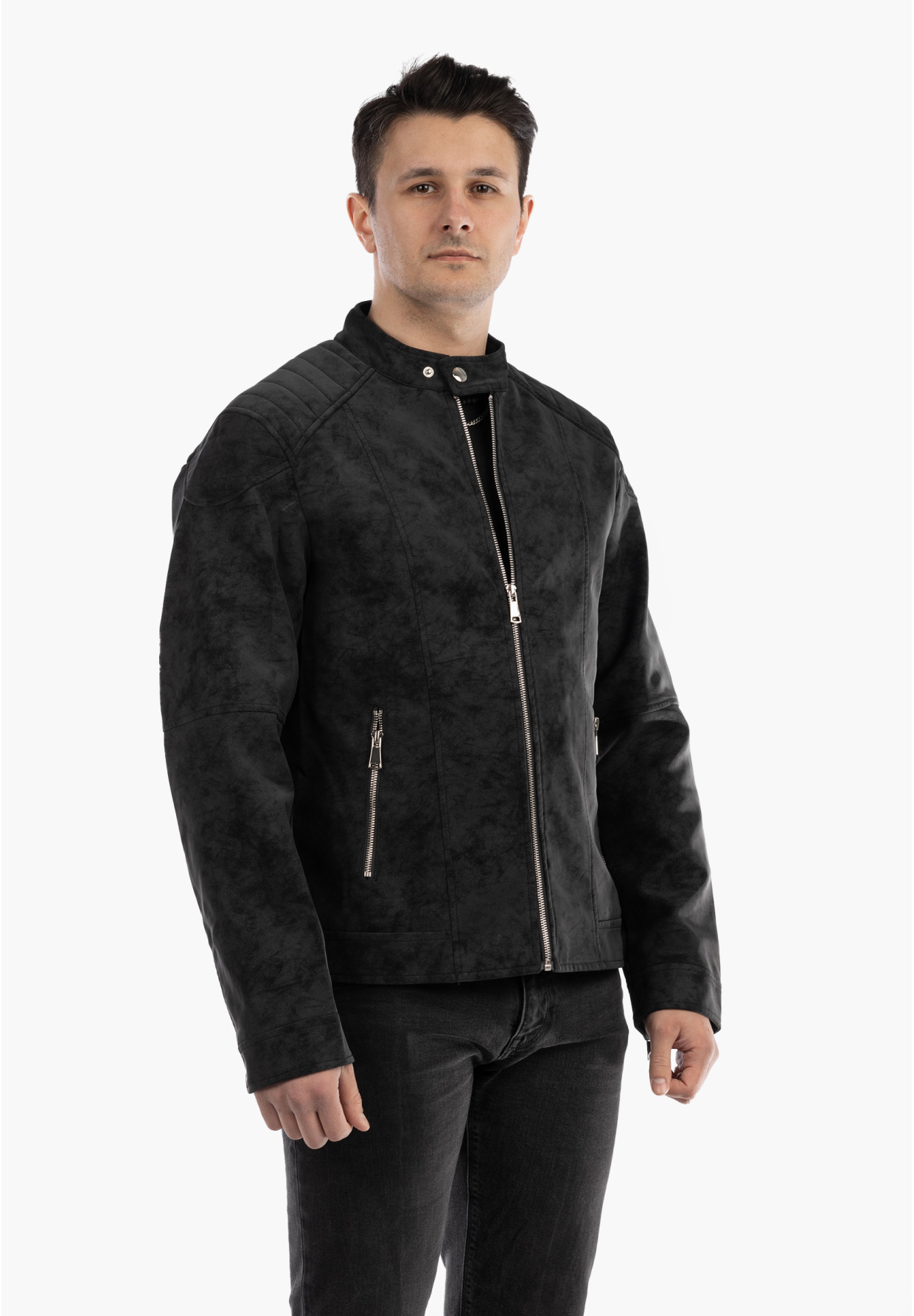 Kurtka Męska Ramoneska Ekoskóra Biker Elegancka ze stójką Czarna KYMAXX