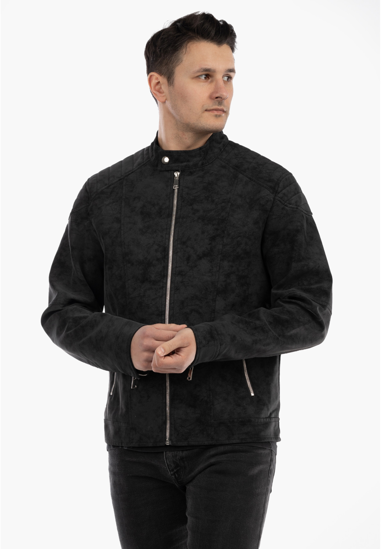Kurtka Męska Ramoneska Ekoskóra Biker Elegancka ze stójką Czarna KYMAXX