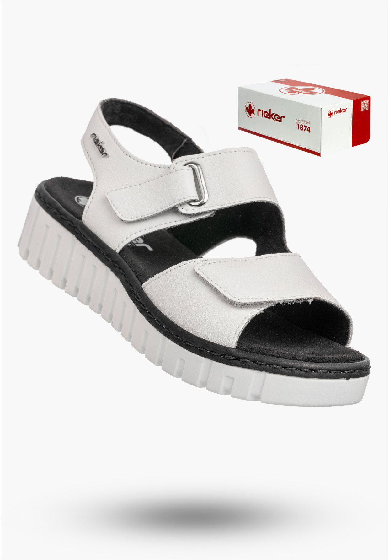 Sandały Damskie Skórzane RIEKER Buty Na Platformie na rzepy Białe V1382-80