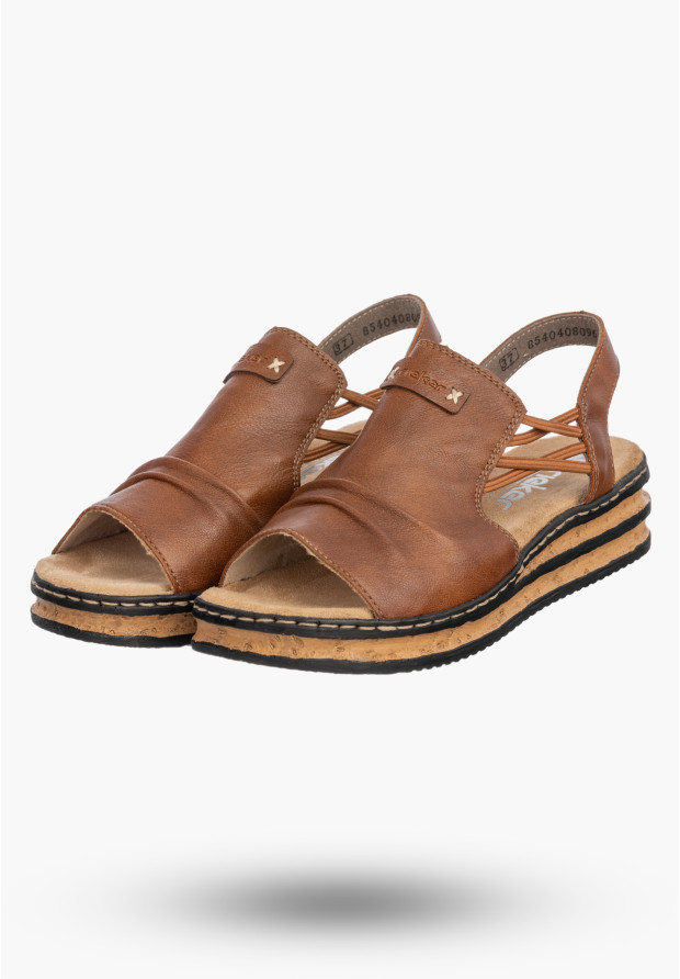 Sandały Damskie Ekoskóra RIEKER Buty Na Koturnie Brązowe 62962-22