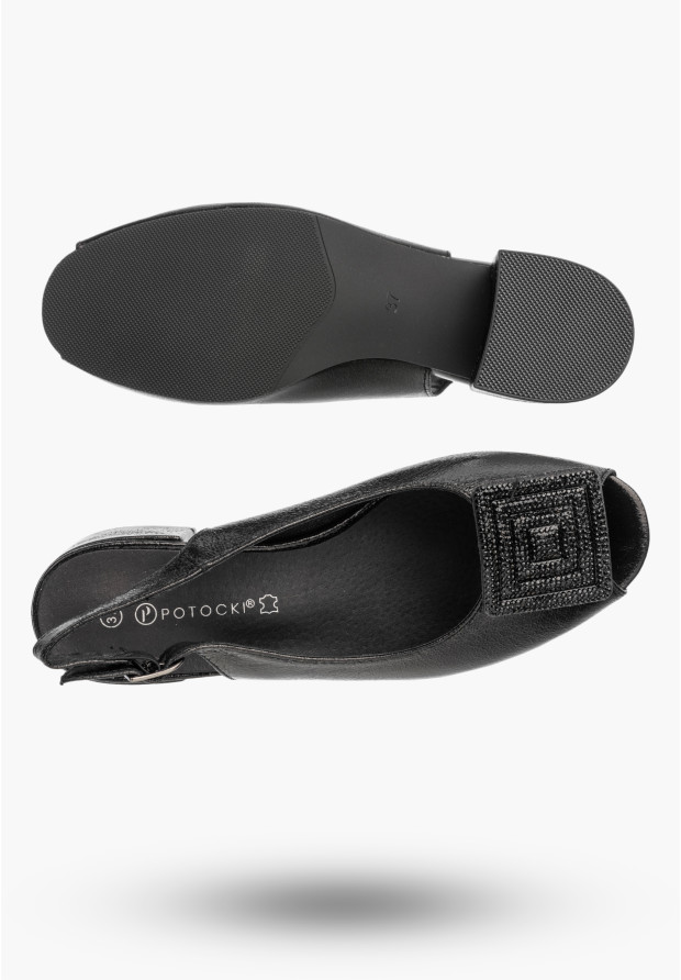 Sandały Damskie Buty Na Niskim Obcasie Skórzana Wkładka Czarne Potocki 26-12809BK