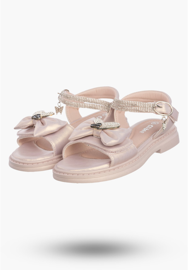 Sandały Dziewczęce Buty Na Rzepy Z Kokardką Skórzana Wkładka Różowe Cllibee