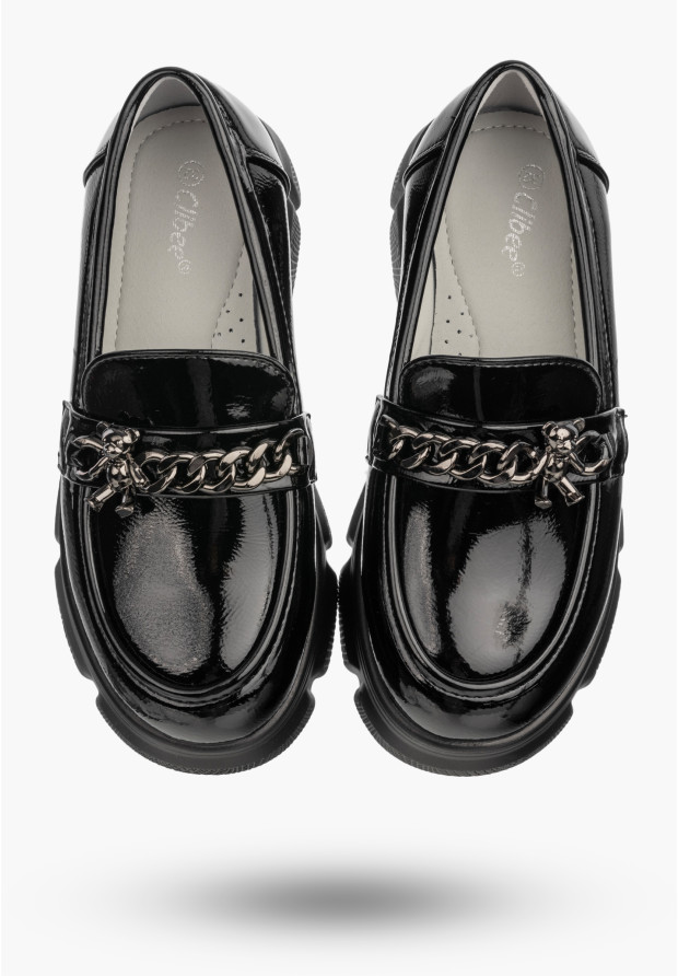 Mokasyny Dziewczęce Ekoskóra Buty Eleganckie Półbuty Lakierowane Czarne Clibee
