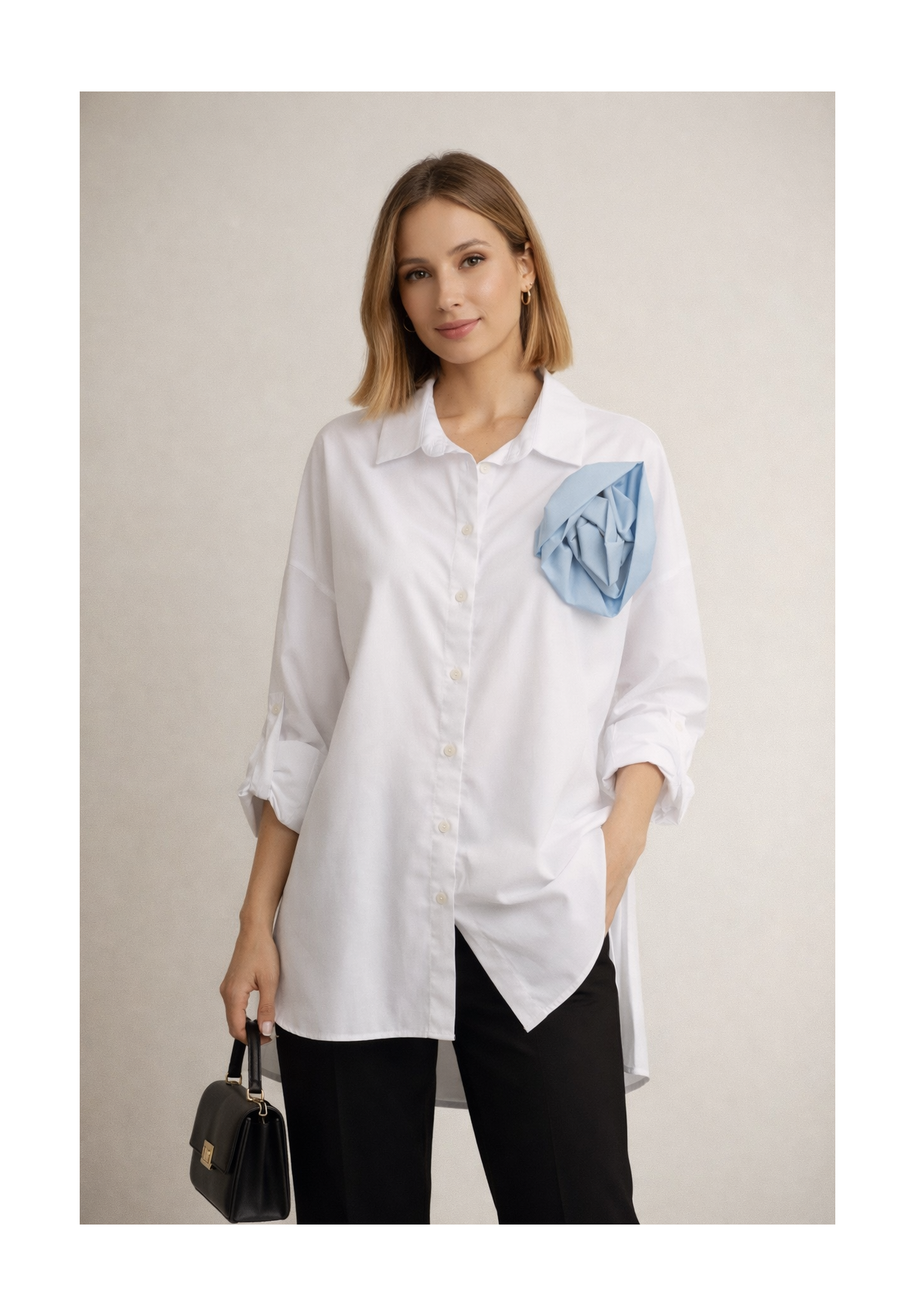 Koszula Damska Elegancka Biała Oversize Wizytowa Z Ozdobą Bawełna TOP STUDIO