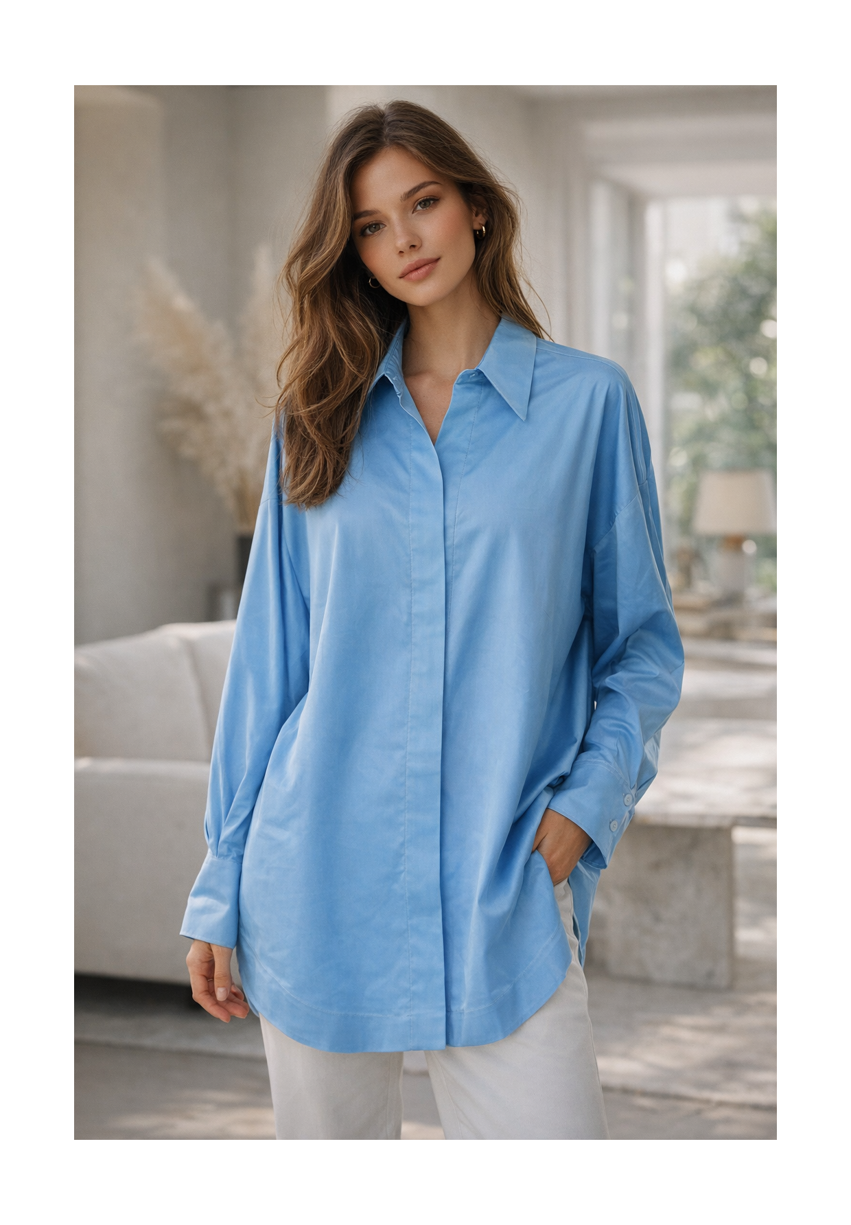 Koszula Damska Elegancka Niebieska Oversize Wizytowa Bawełna EDAN