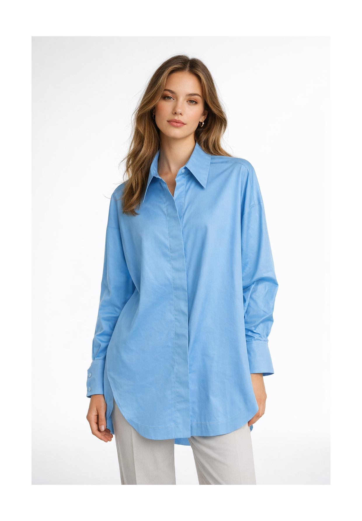 Koszula Damska Elegancka Niebieska Oversize Wizytowa Bawełna EDAN