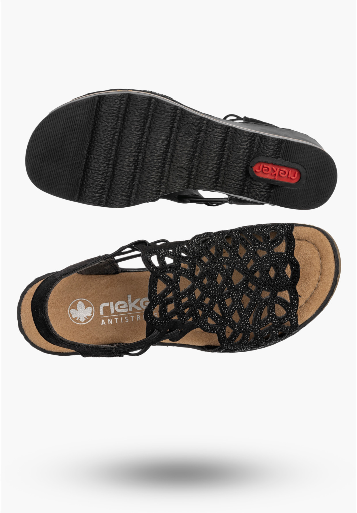 Sandały Damskie RIEKER Buty Na Koturnie Lekkie Letnie Czarne 67465-00