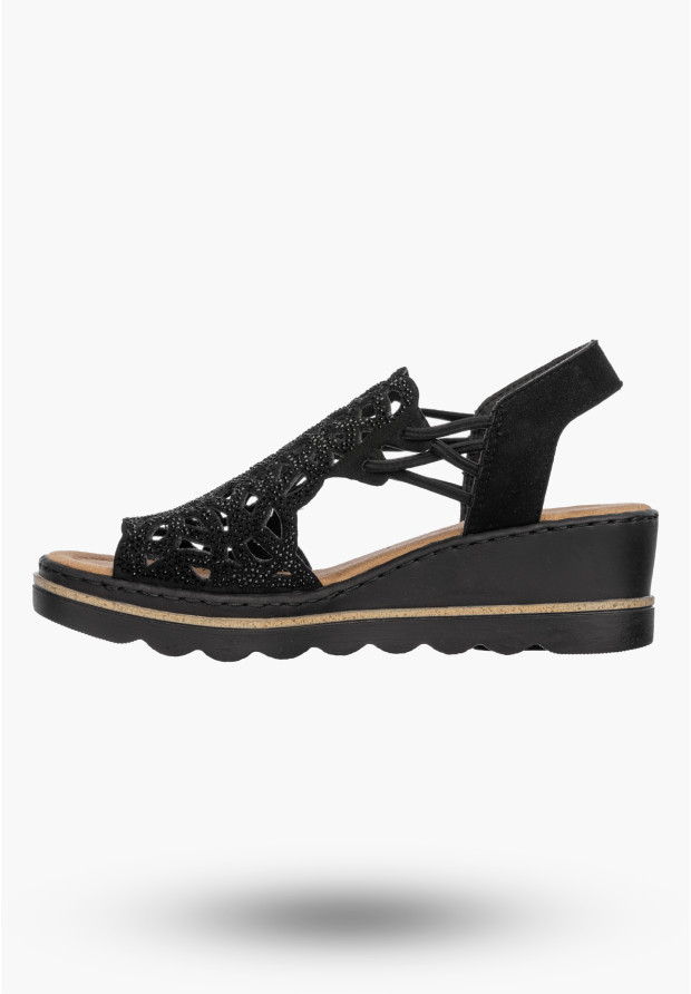 Sandały Damskie RIEKER Buty Na Koturnie Lekkie Letnie Czarne 67465-00