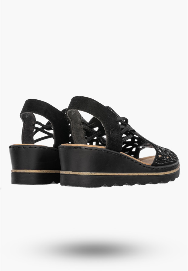Sandały Damskie RIEKER Buty Na Koturnie Lekkie Letnie Czarne 67465-00