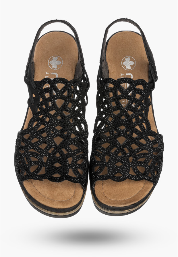 Sandały Damskie RIEKER Buty Na Koturnie Lekkie Letnie Czarne 67465-00