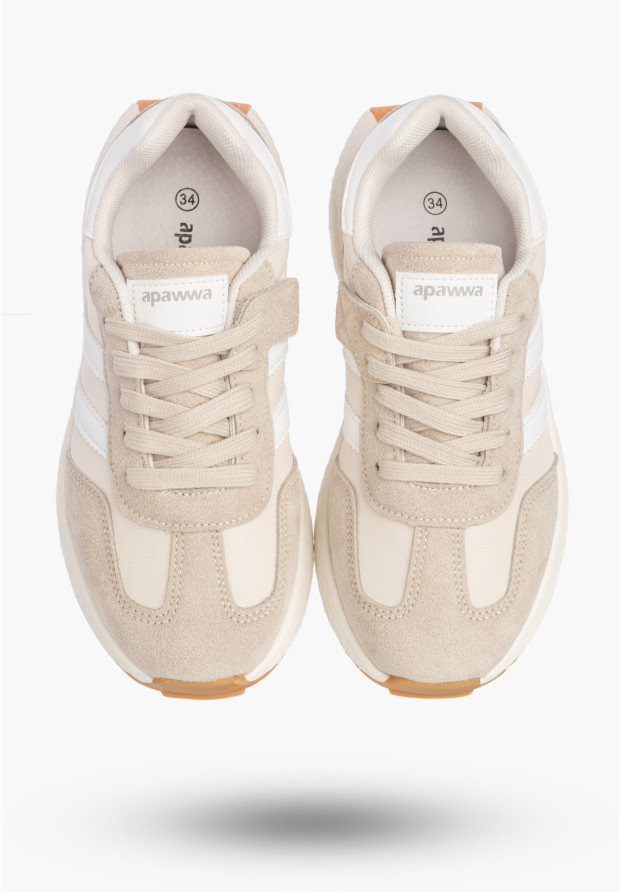 Sneakersy Dziecięce Buty Na Rzepy Sportowe Skórzana Wkładka Beżowe Apawwa