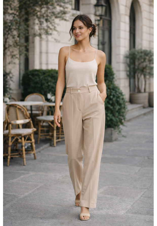 Spodnie Damskie Beżowe Proste Eleganckie Wide Leg Wizytowe EDAN