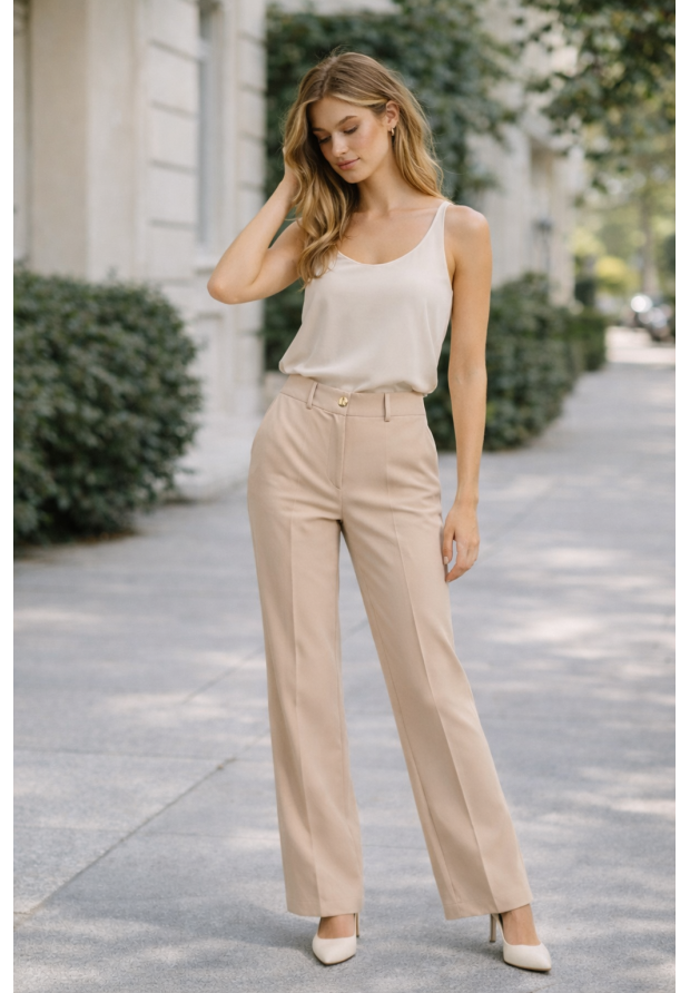 Spodnie Damskie Wide Leg Wizytowe Eleganckie Materiałowe Beżowe EDAN