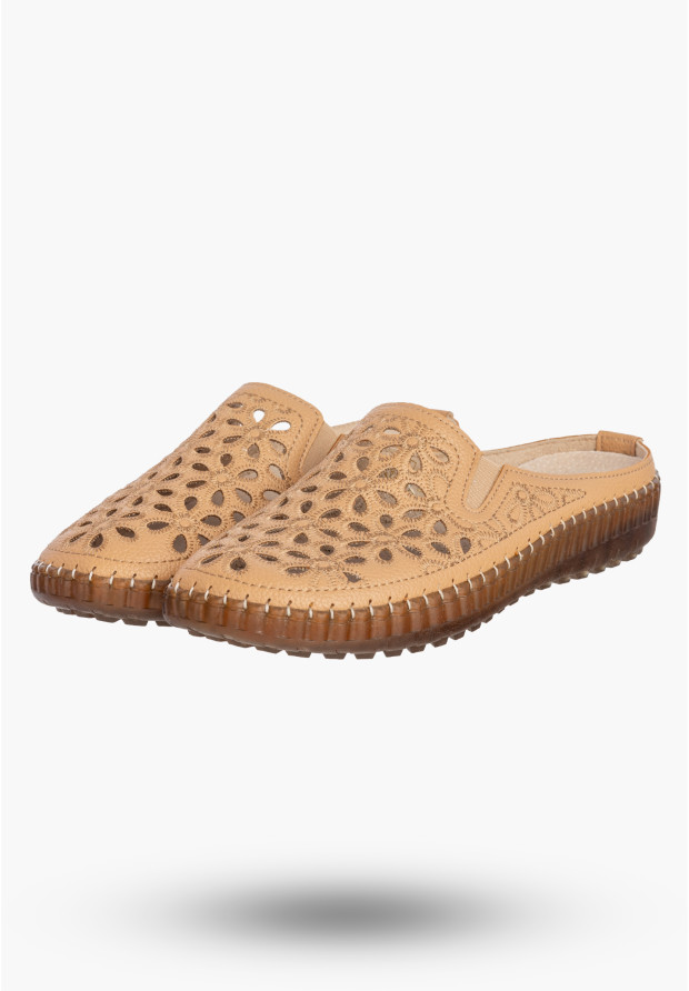 Klapki Damskie Ekoskóra Buty Ażurowe Wygodne Skórzana Wkładka Camel Potocki 26-16391