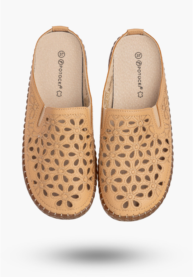 Klapki Damskie Ekoskóra Buty Ażurowe Wygodne Skórzana Wkładka Camel Potocki 26-16391