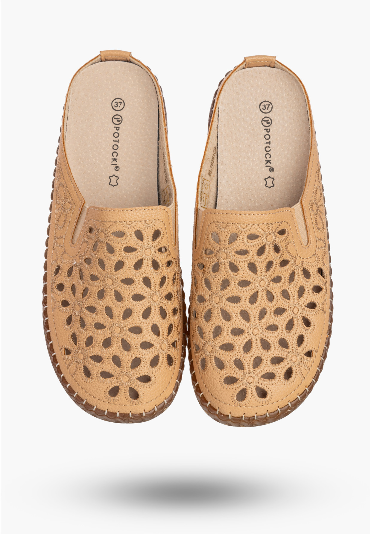 Klapki Damskie Ekoskóra Buty Ażurowe Wygodne Skórzana Wkładka Camel Potocki 26-16391