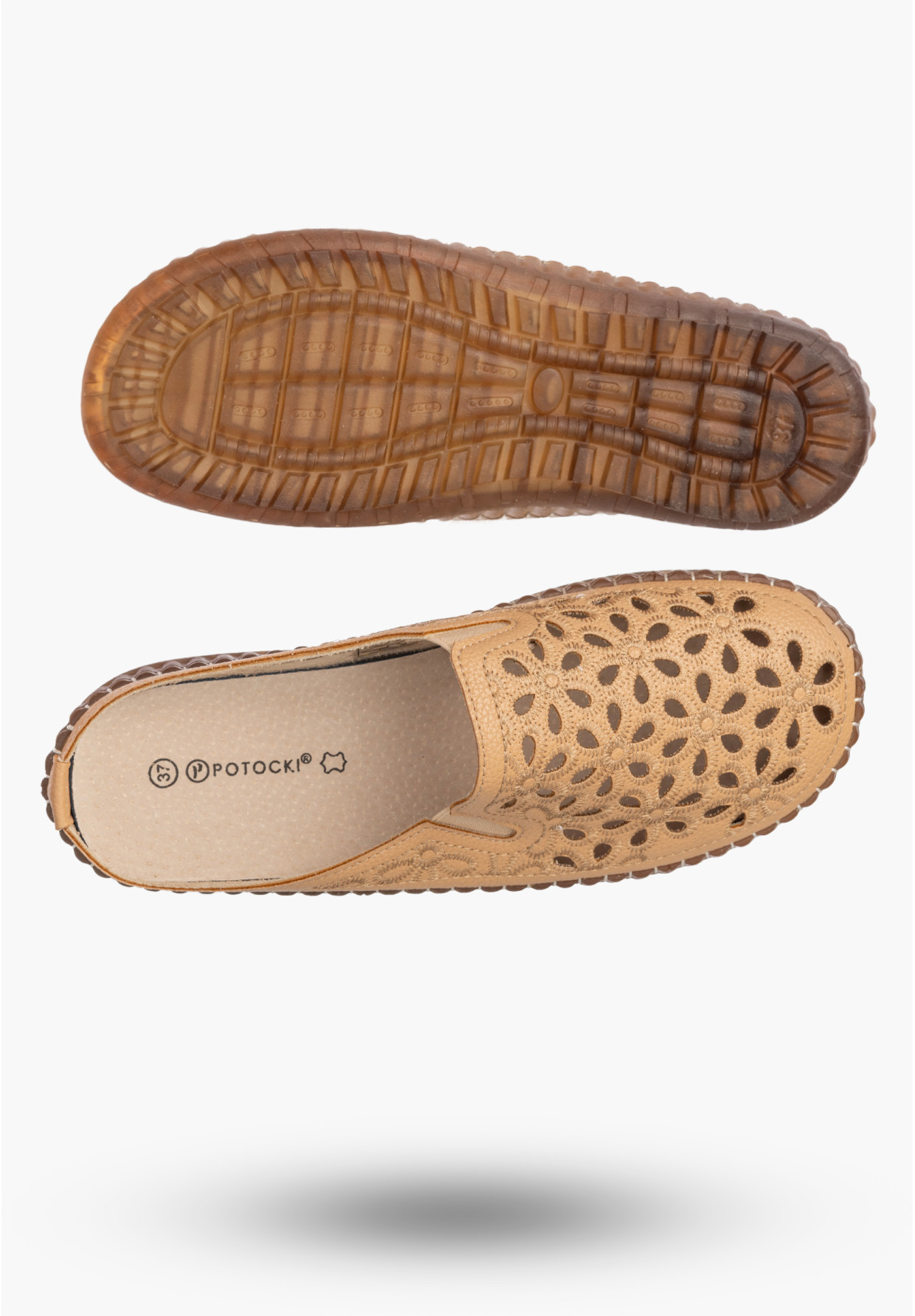 Klapki Damskie Ekoskóra Buty Ażurowe Wygodne Skórzana Wkładka Camel Potocki 26-16391