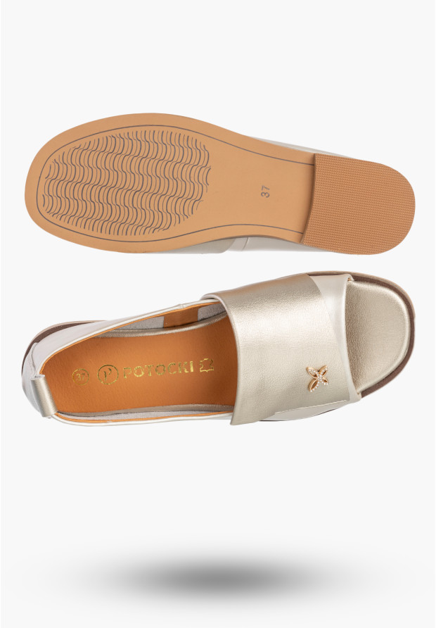 Baleriny Damskie Skórzane Buty Bez Palców Półbuty Eleganckie Złote Potocki 26-19397