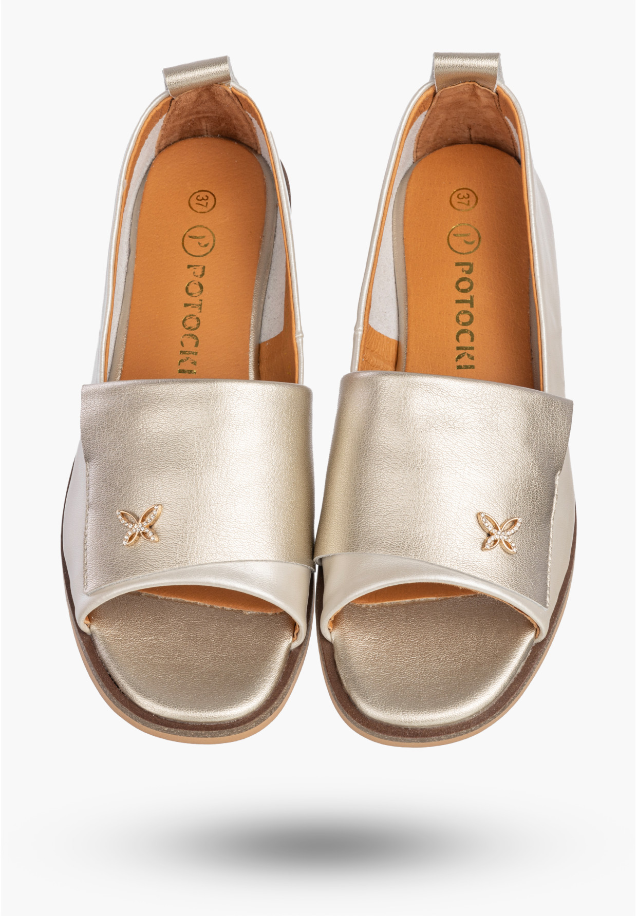 Baleriny Damskie Skórzane Buty Bez Palców Półbuty Eleganckie Złote Potocki 26-19397