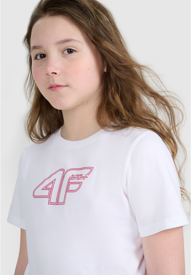 Koszulka Dziewczęca 4F T-shirt Z Nadrukiem Logo Bawełna Biały 4FJWAW25TTSHF2388