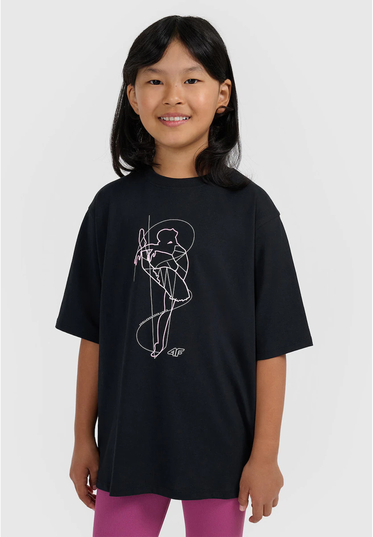 Koszulka Dziewczęca 4F T-shirt Z Nadrukiem Oversize Bawełna Czarny 4FJWAW25TTSHF2395