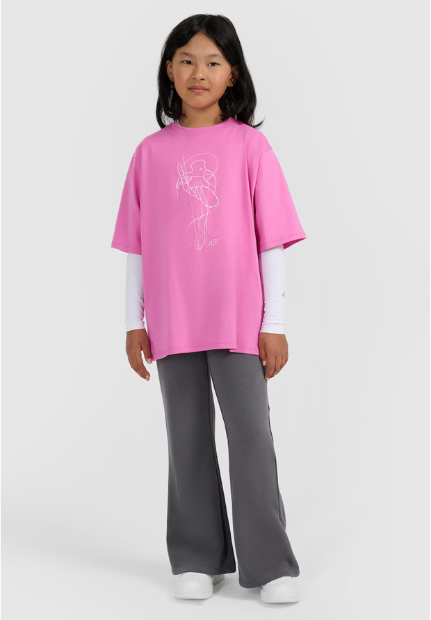 Koszulka Dziewczęca 4F T-shirt Z Nadrukiem Oversize Bawełna Różowy 4FJWAW25TTSHF2395