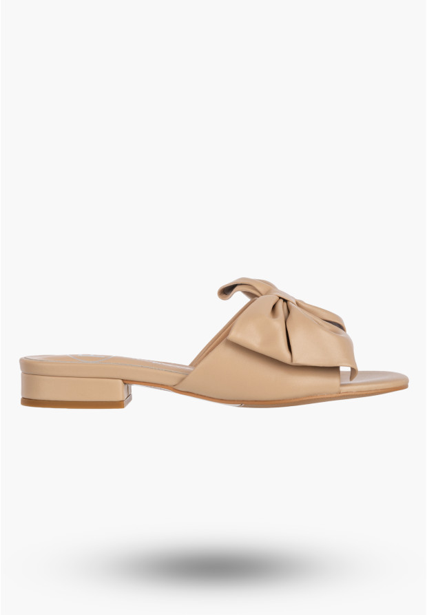 Klapki Damskie Skórzane Buty Z Kokardą Letnie Eleganckie Beżowe FILIPPO