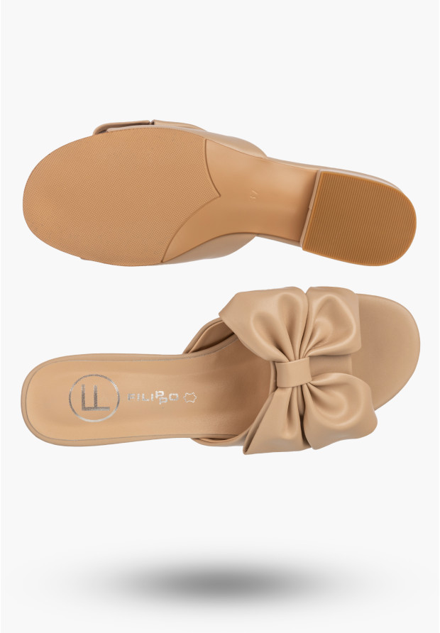 Klapki Damskie Skórzane Buty Z Kokardą Letnie Eleganckie Beżowe FILIPPO